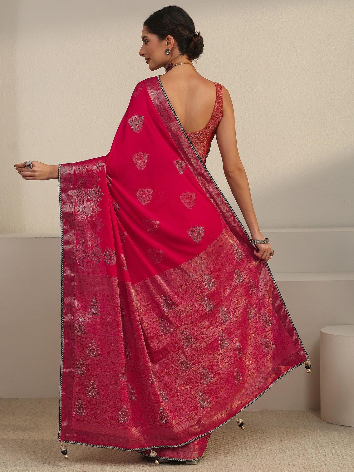 Mameraa Rani Pink Woven Design Chiffon Saree