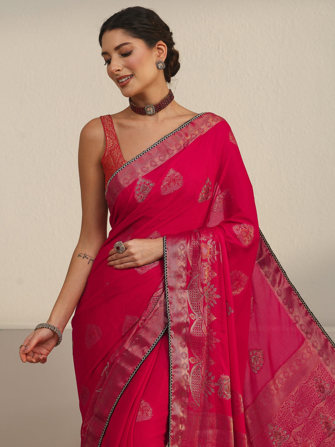 Mameraa Rani Pink Woven Design Chiffon Saree