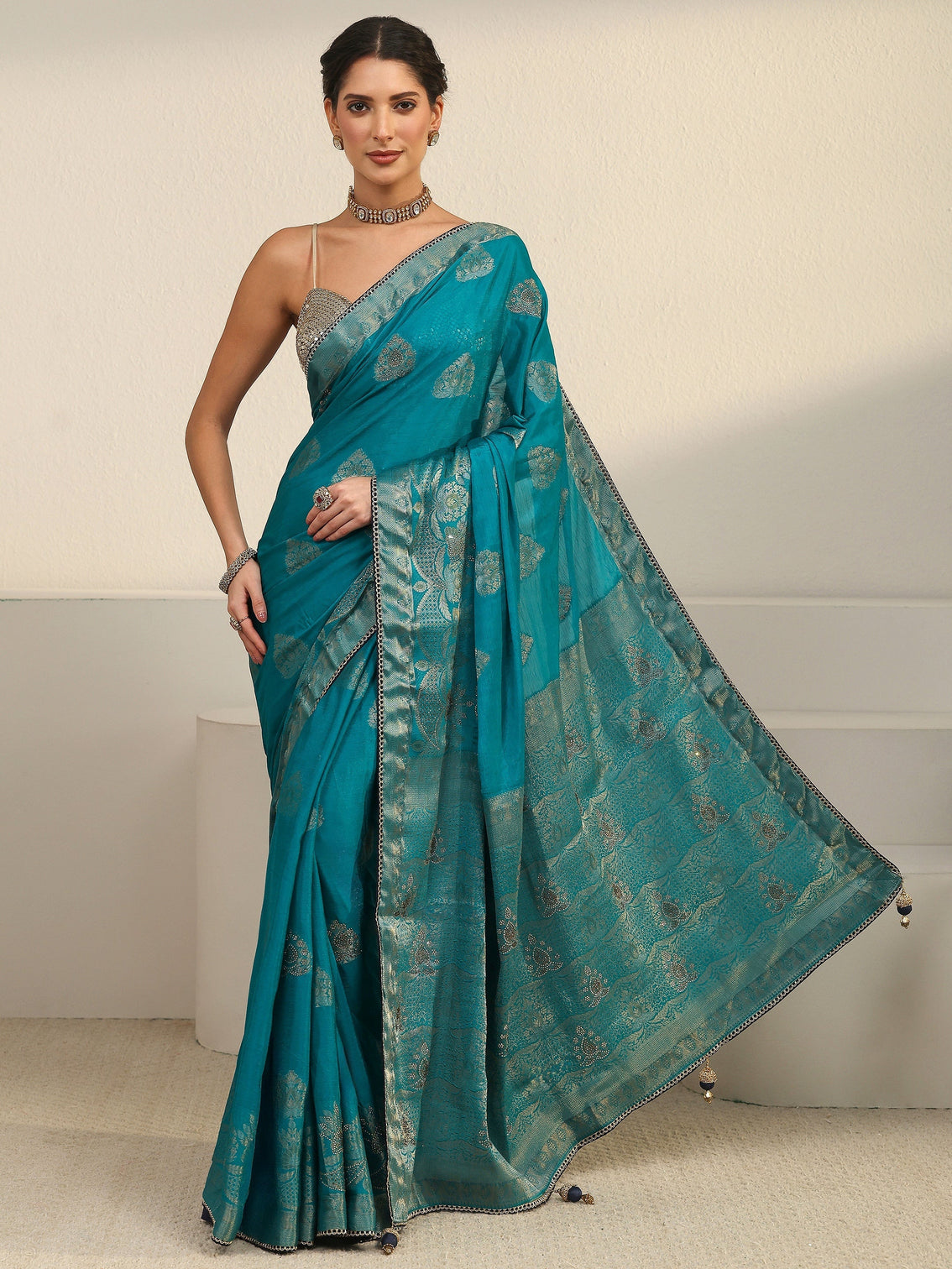 Mameraa Teal Blue Woven Design Chiffon Saree