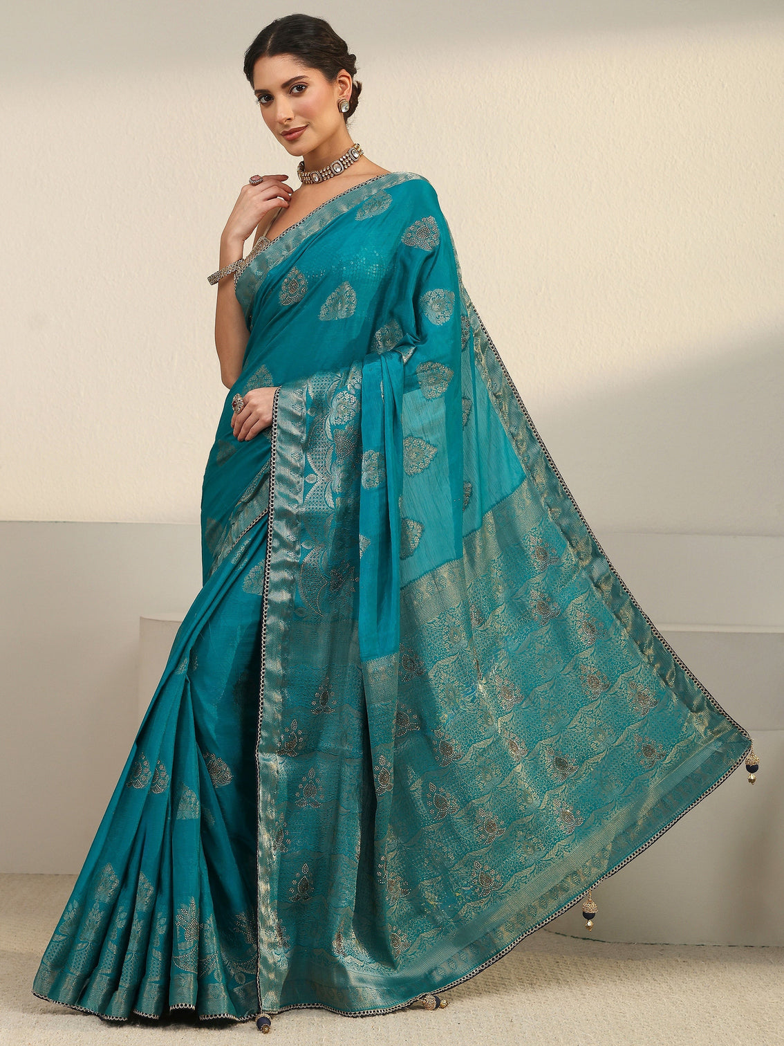 Mameraa Teal Blue Woven Design Chiffon Saree