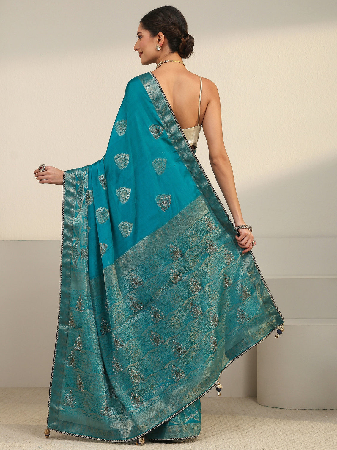 Mameraa Teal Blue Woven Design Chiffon Saree