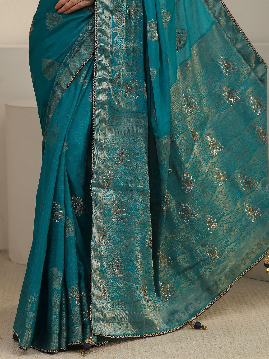 Mameraa Teal Blue Woven Design Chiffon Saree