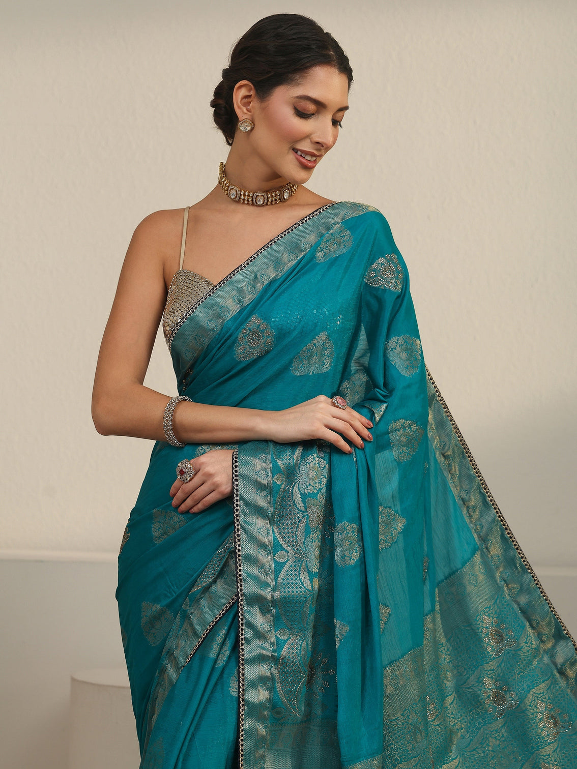 Mameraa Teal Blue Woven Design Chiffon Saree