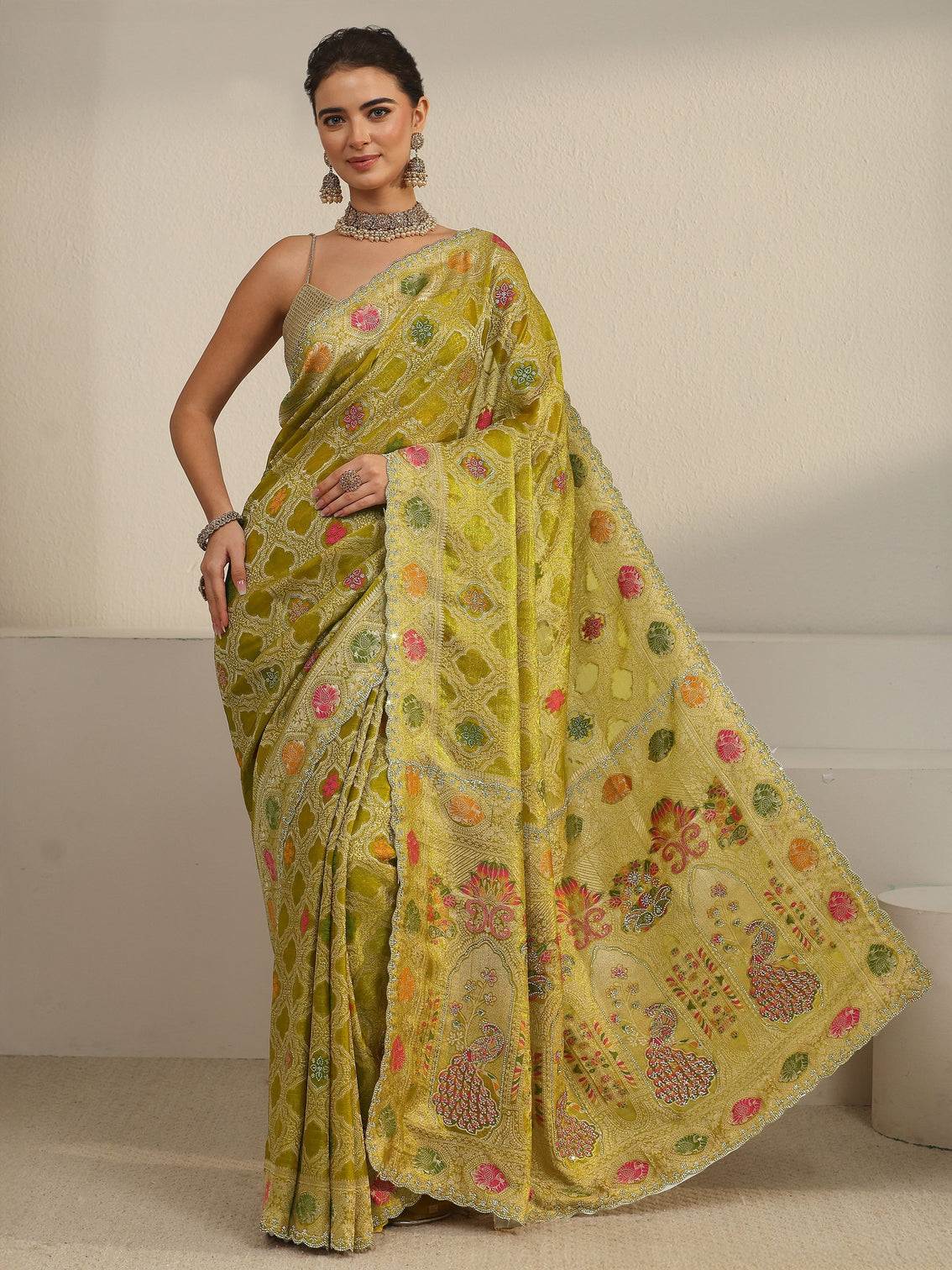 Mameraa Art Pista Green Embellished Chiffon Saree