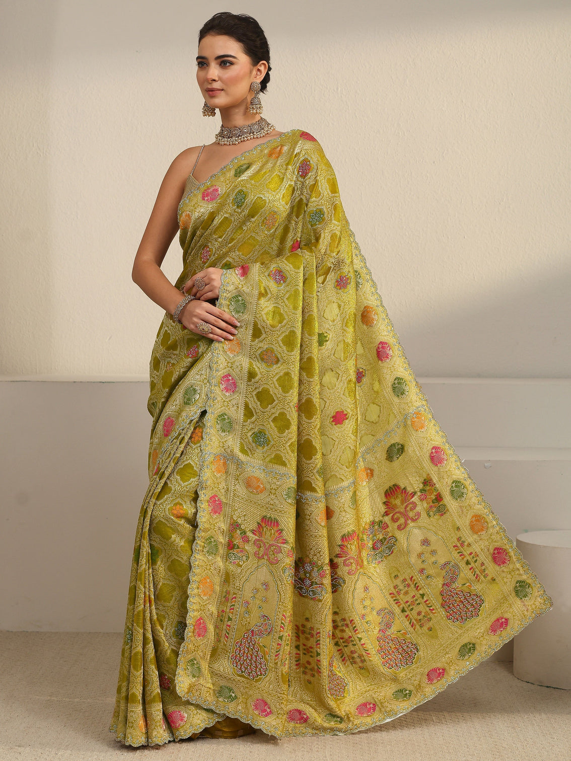 Mameraa Art Pista Green Embellished Chiffon Saree