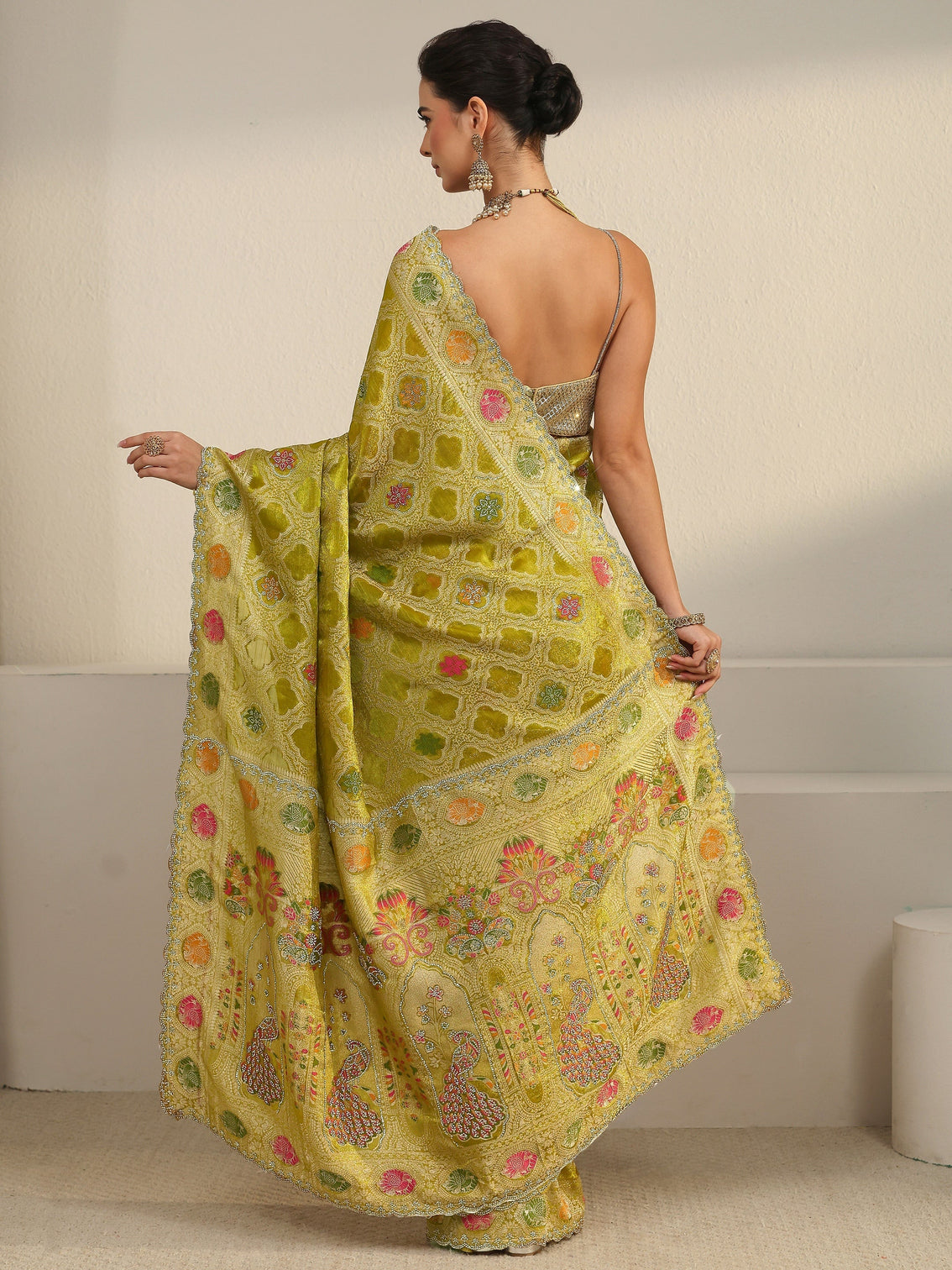 Mameraa Art Pista Green Embellished Chiffon Saree