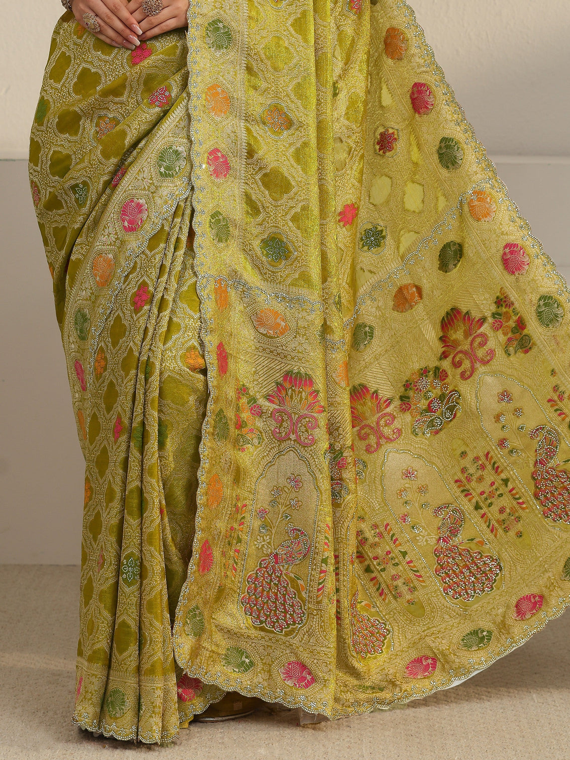 Mameraa Art Pista Green Embellished Chiffon Saree