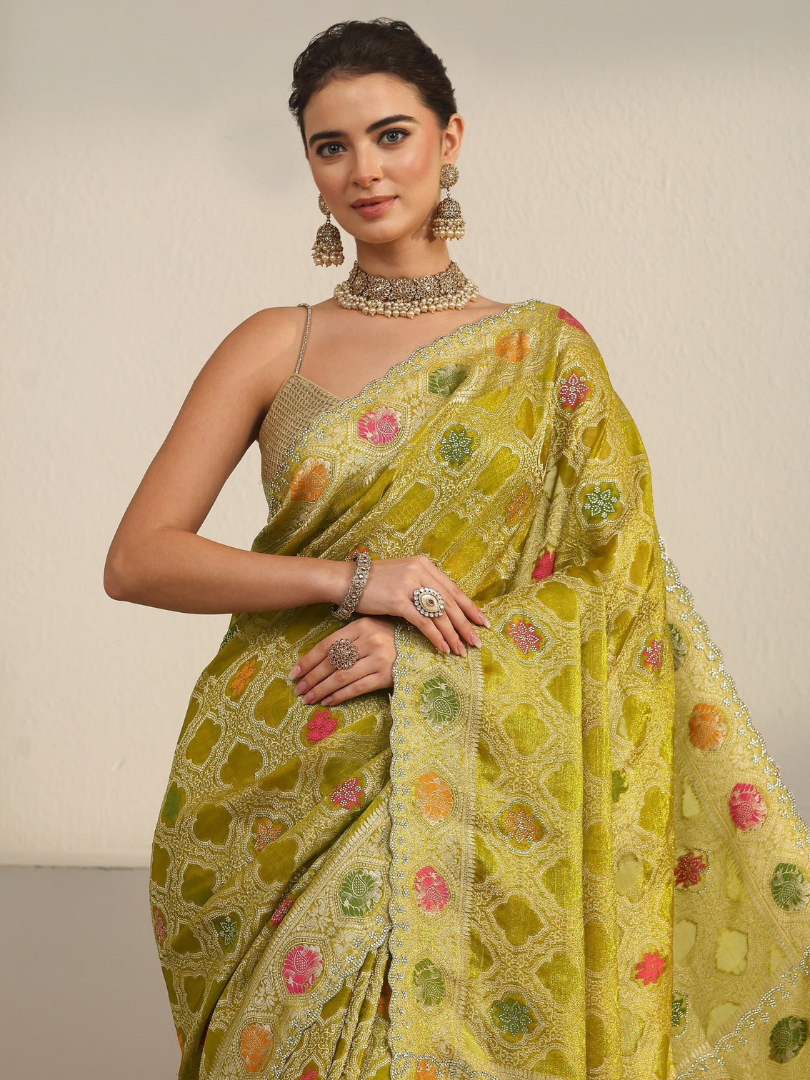 Mameraa Art Pista Green Embellished Chiffon Saree