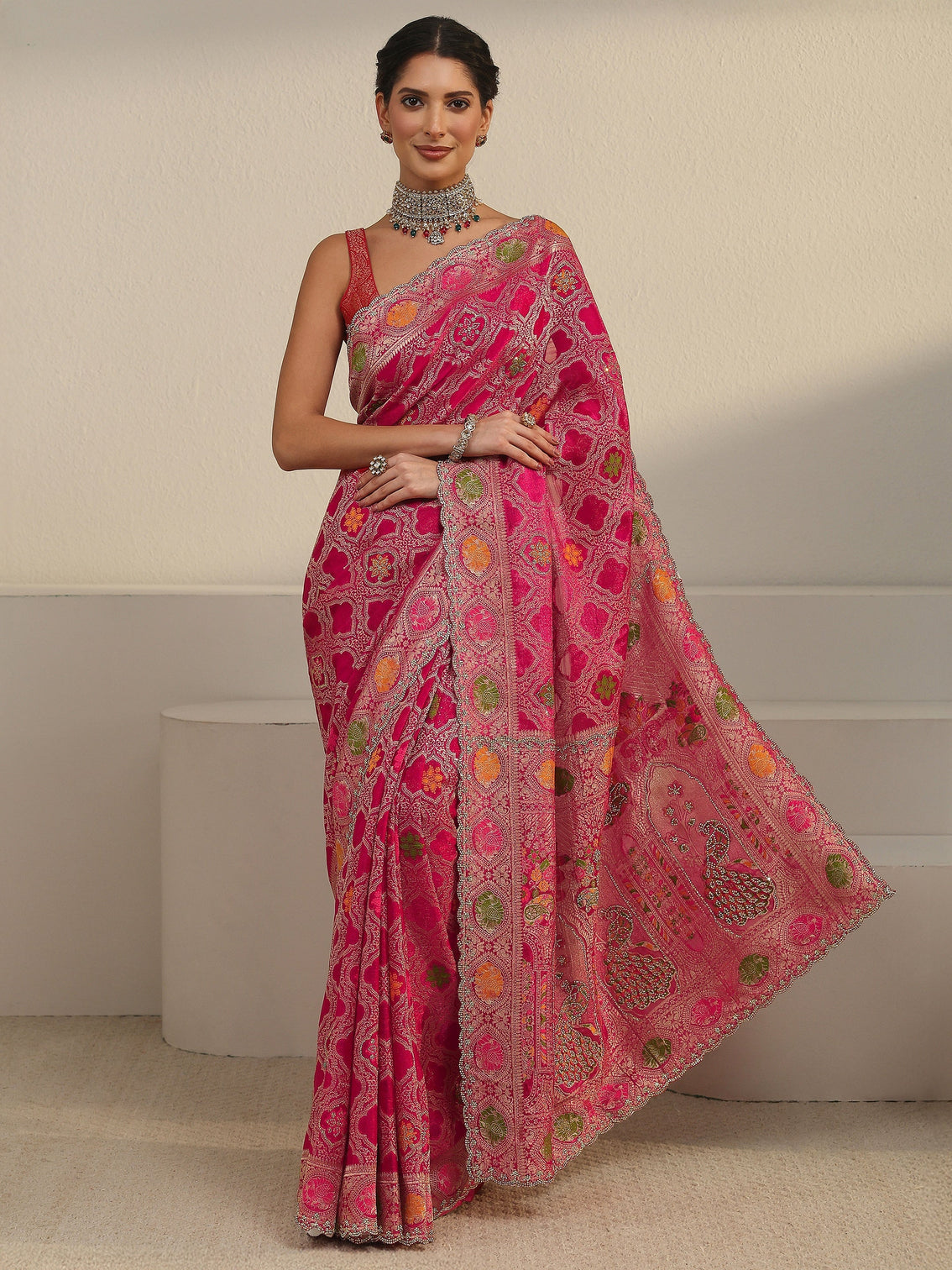 Mameraa Art Fuchsia Pink Embellished Chiffon Saree