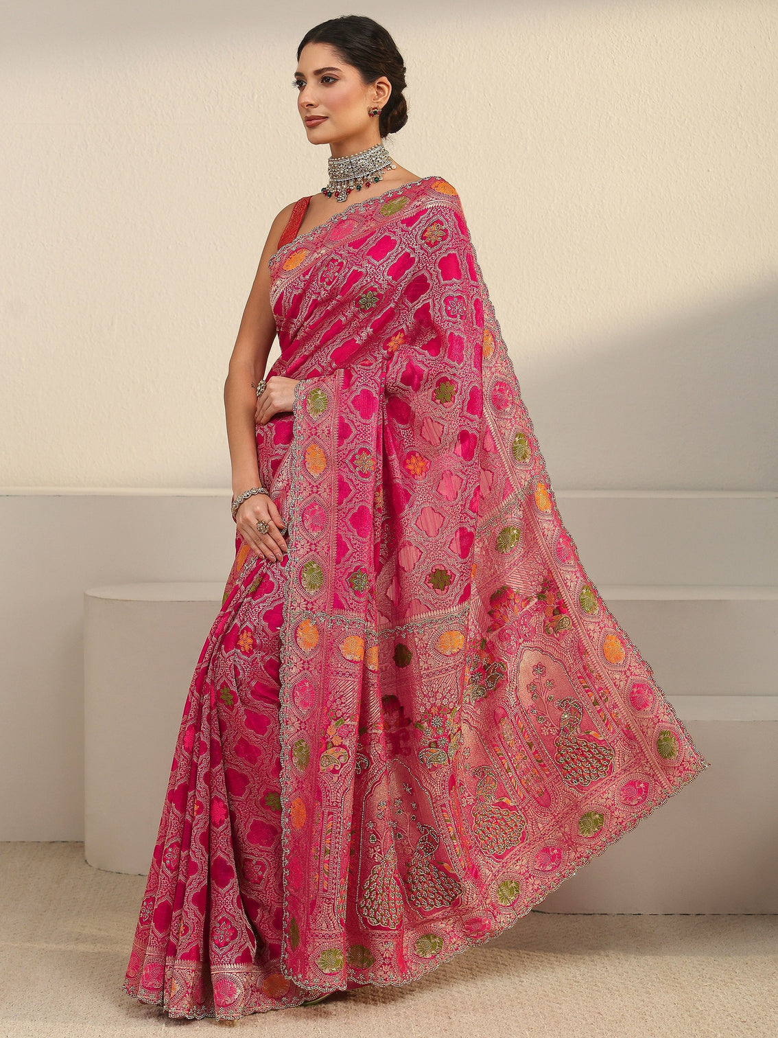 Mameraa Art Fuchsia Pink Embellished Chiffon Saree