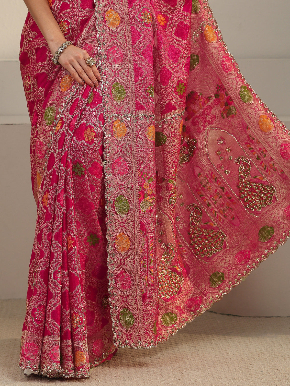 Mameraa Art Fuchsia Pink Embellished Chiffon Saree