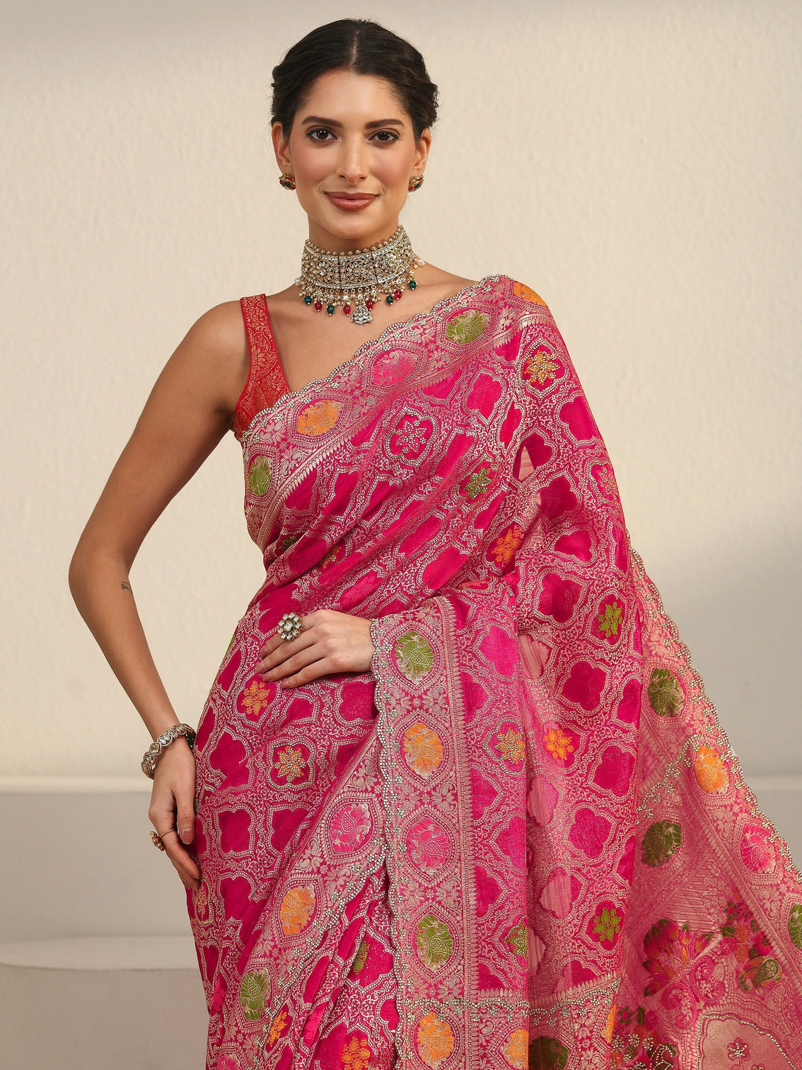 Mameraa Art Fuchsia Pink Embellished Chiffon Saree