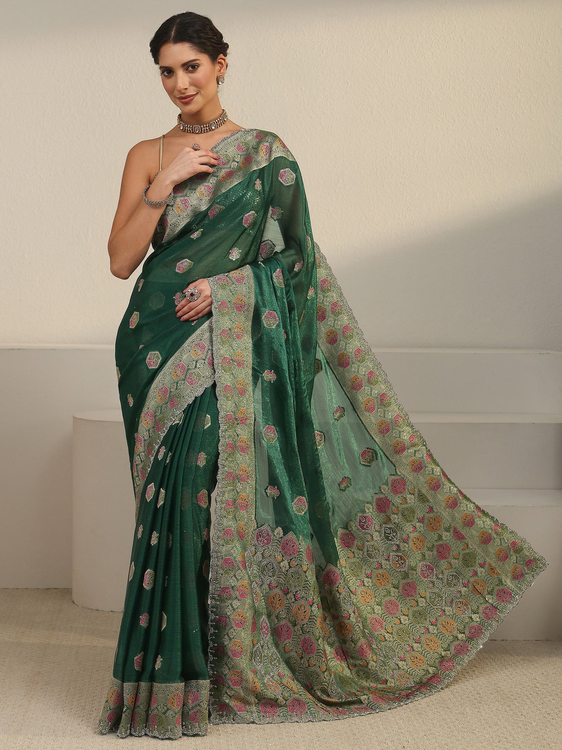 Mameraa Art Bottle Green Embellished Chiffon Saree