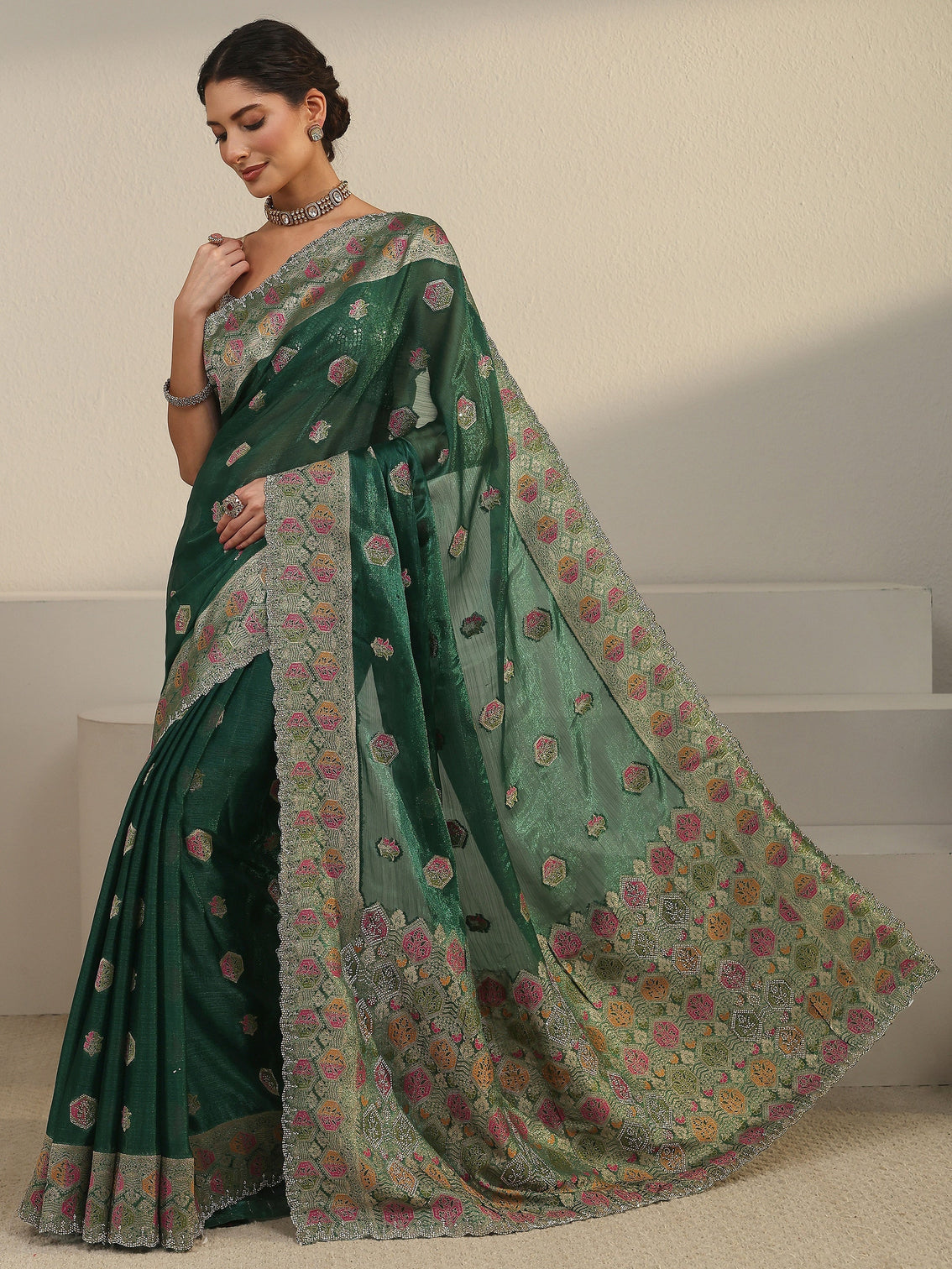 Mameraa Art Bottle Green Embellished Chiffon Saree