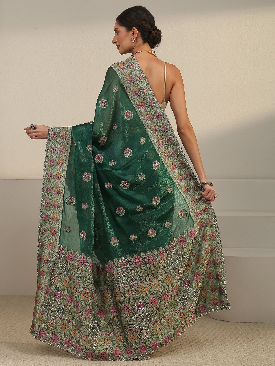Mameraa Art Bottle Green Embellished Chiffon Saree