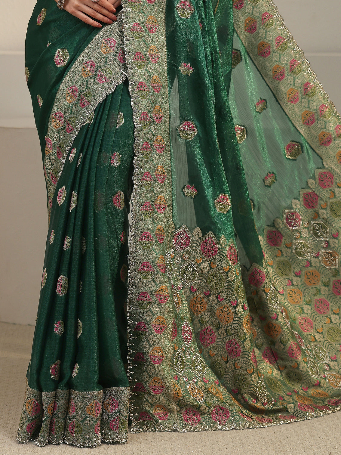 Mameraa Art Bottle Green Embellished Chiffon Saree