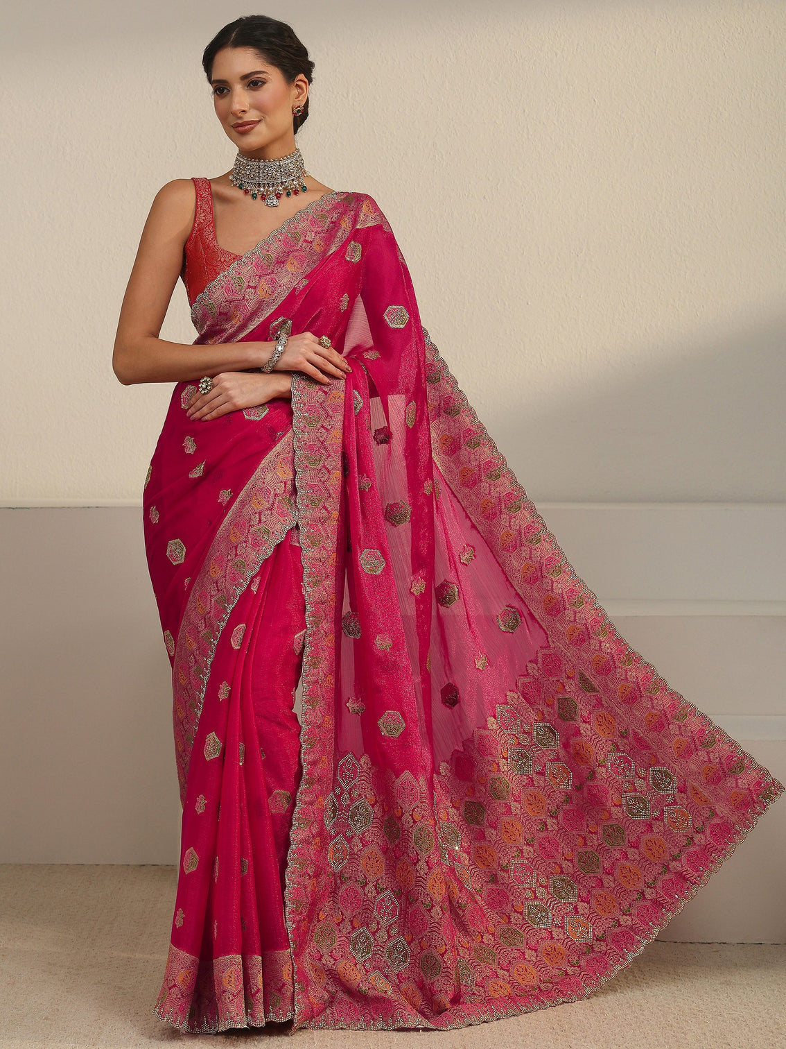 Mameraa Art Ruby Red Embellished Chiffon Saree