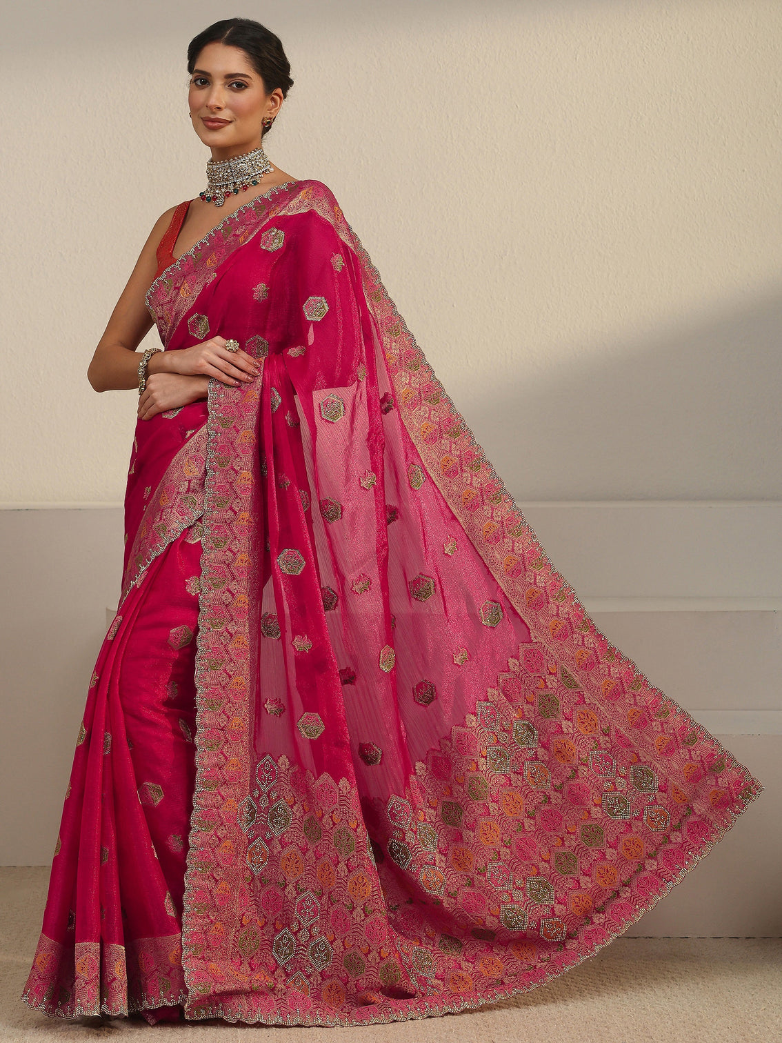 Mameraa Art Ruby Red Embellished Chiffon Saree