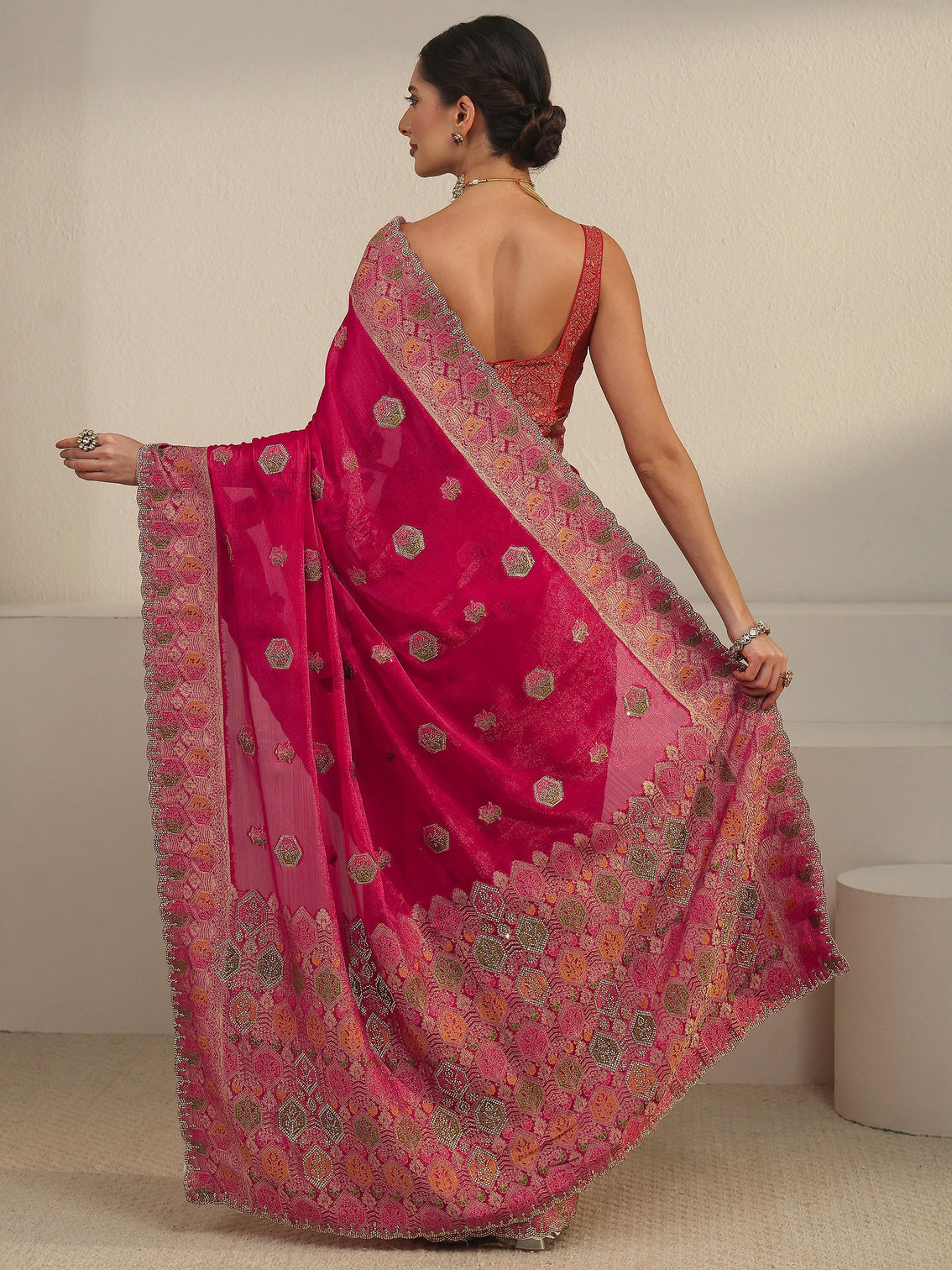 Mameraa Art Ruby Red Embellished Chiffon Saree