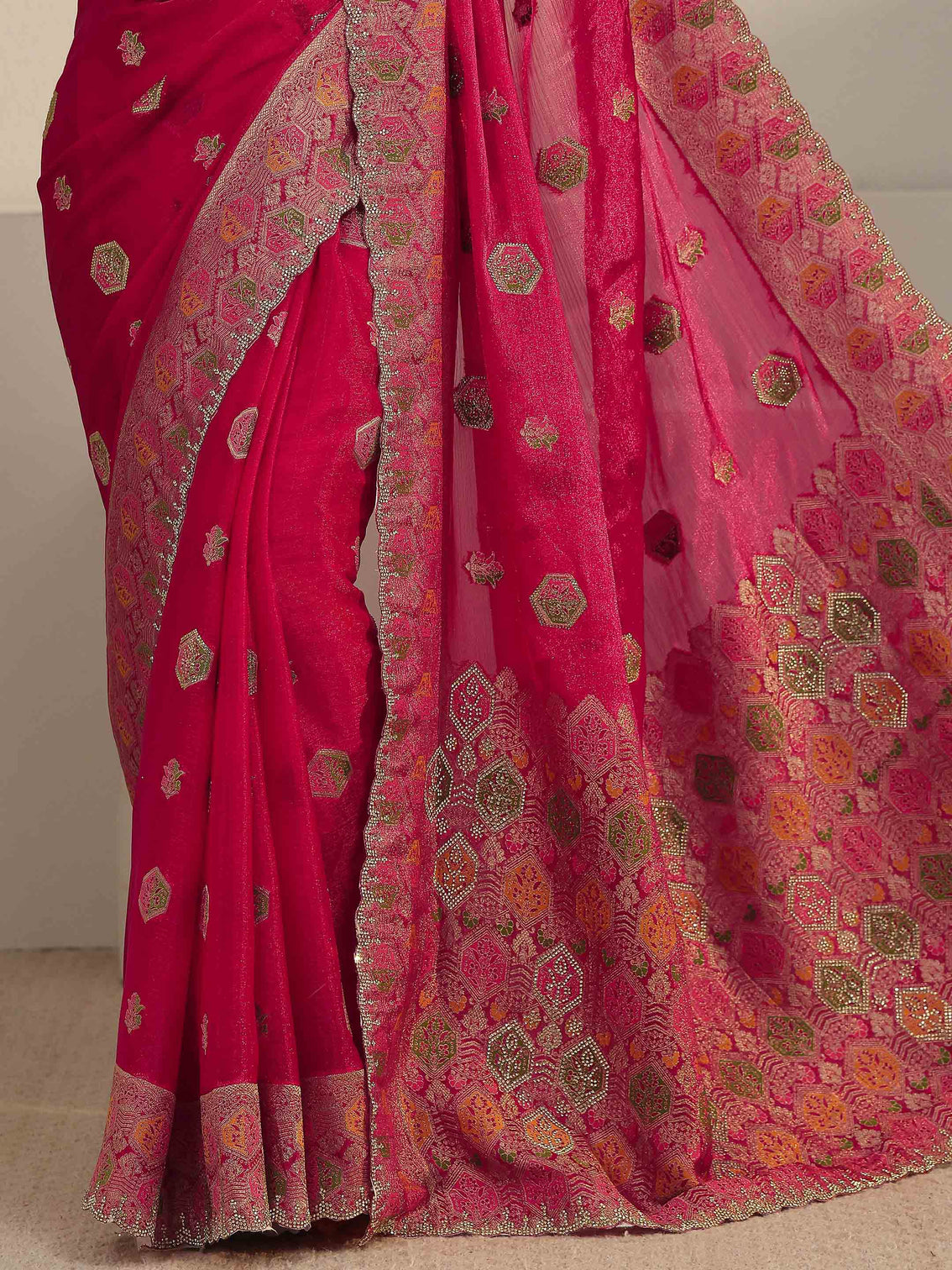 Mameraa Art Ruby Red Embellished Chiffon Saree