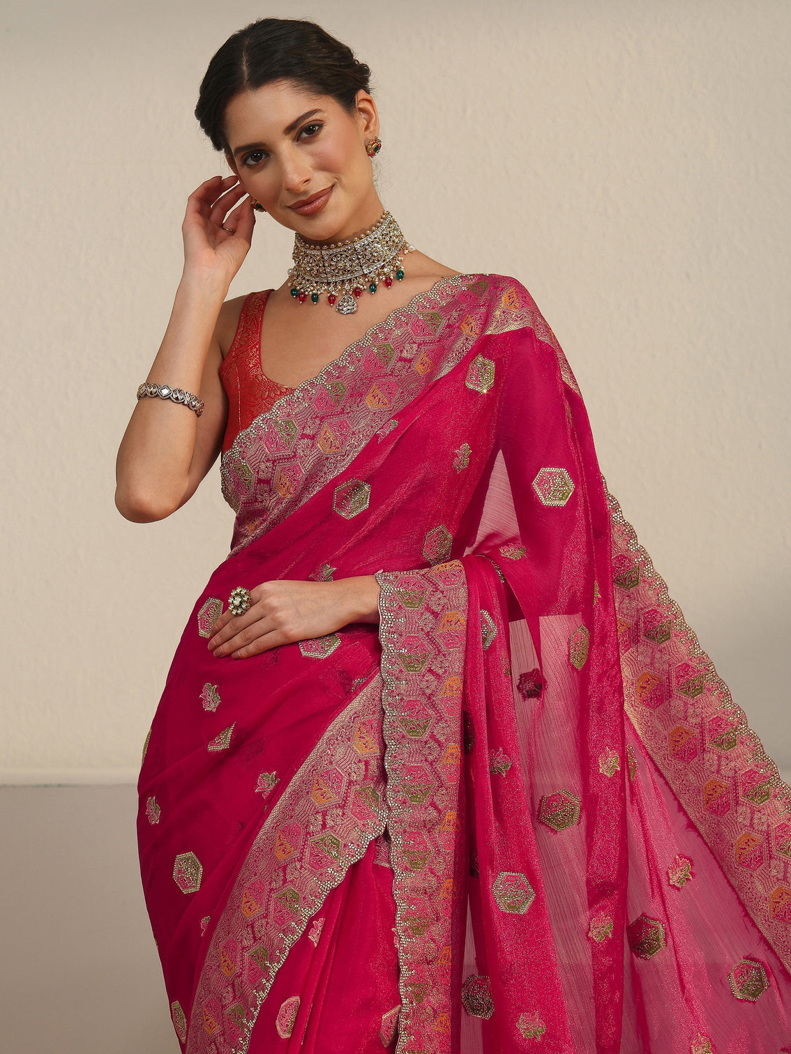 Mameraa Art Ruby Red Embellished Chiffon Saree