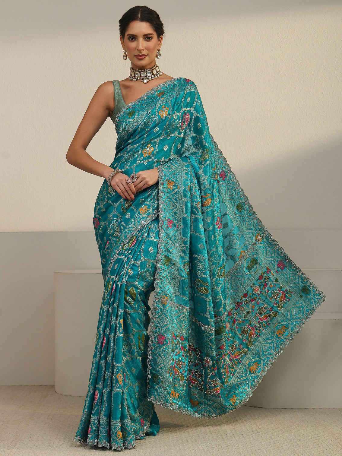Mameraa Art Teal Blue Embellished Chiffon Saree
