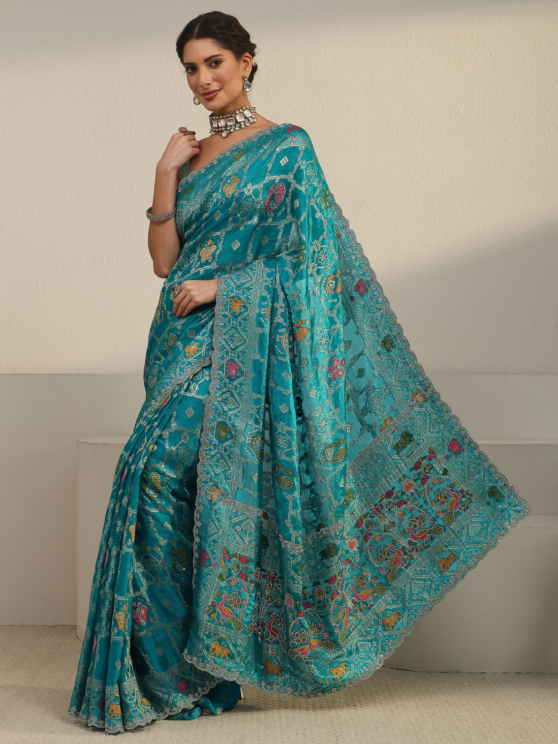 Mameraa Art Teal Blue Embellished Chiffon Saree
