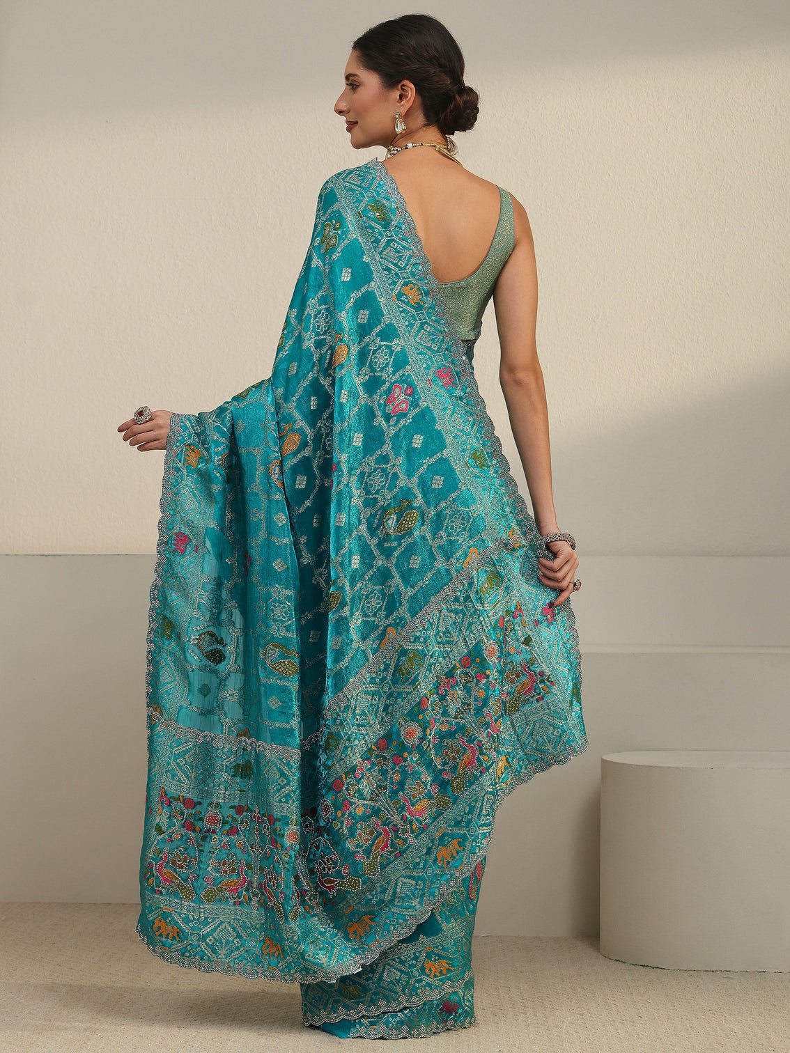 Mameraa Art Teal Blue Embellished Chiffon Saree