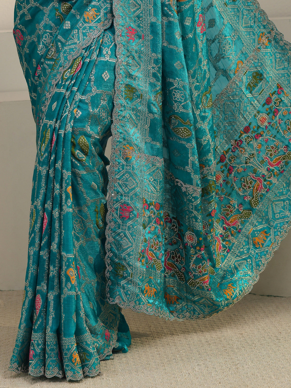 Mameraa Art Teal Blue Embellished Chiffon Saree