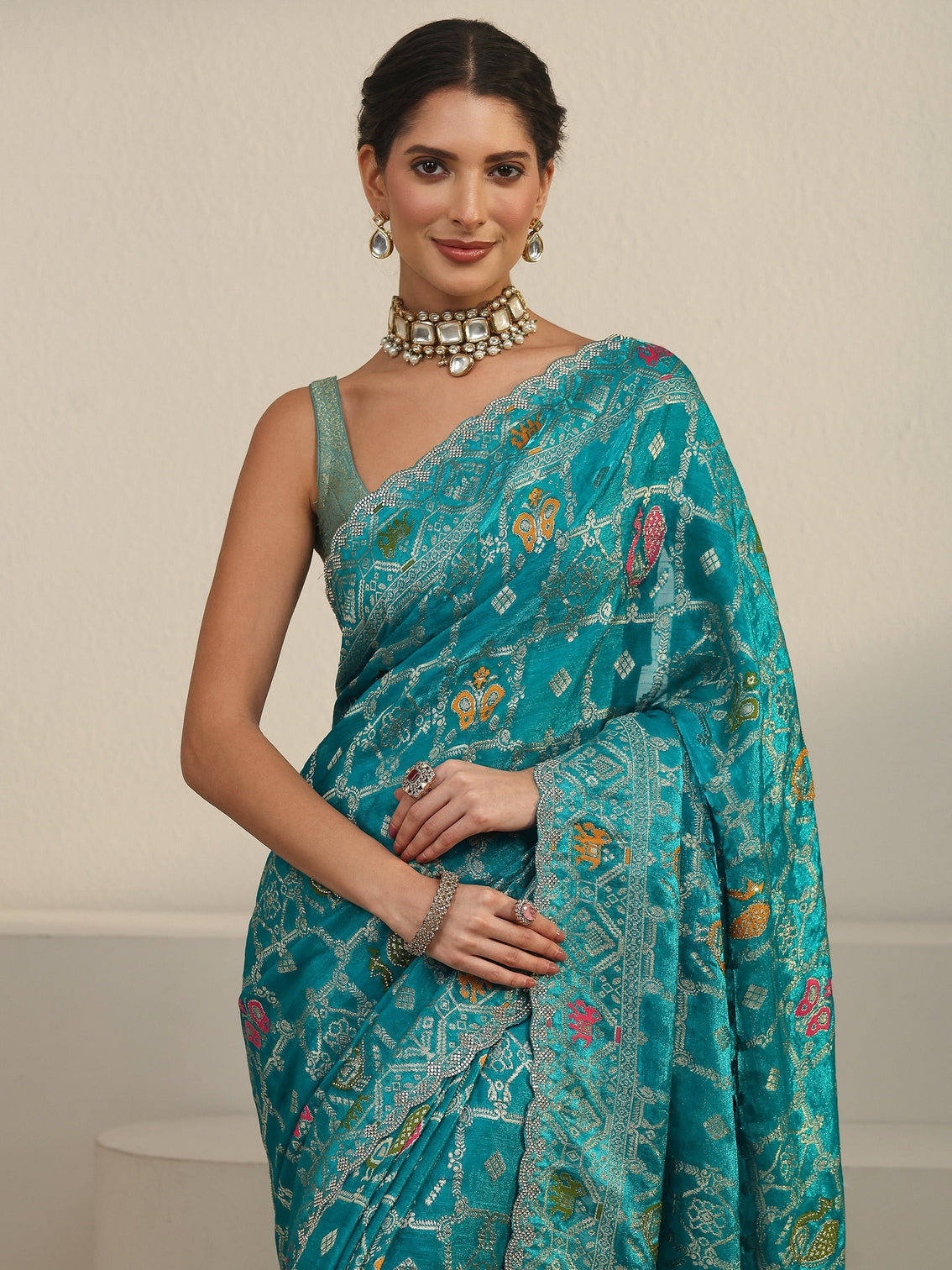 Mameraa Art Teal Blue Embellished Chiffon Saree
