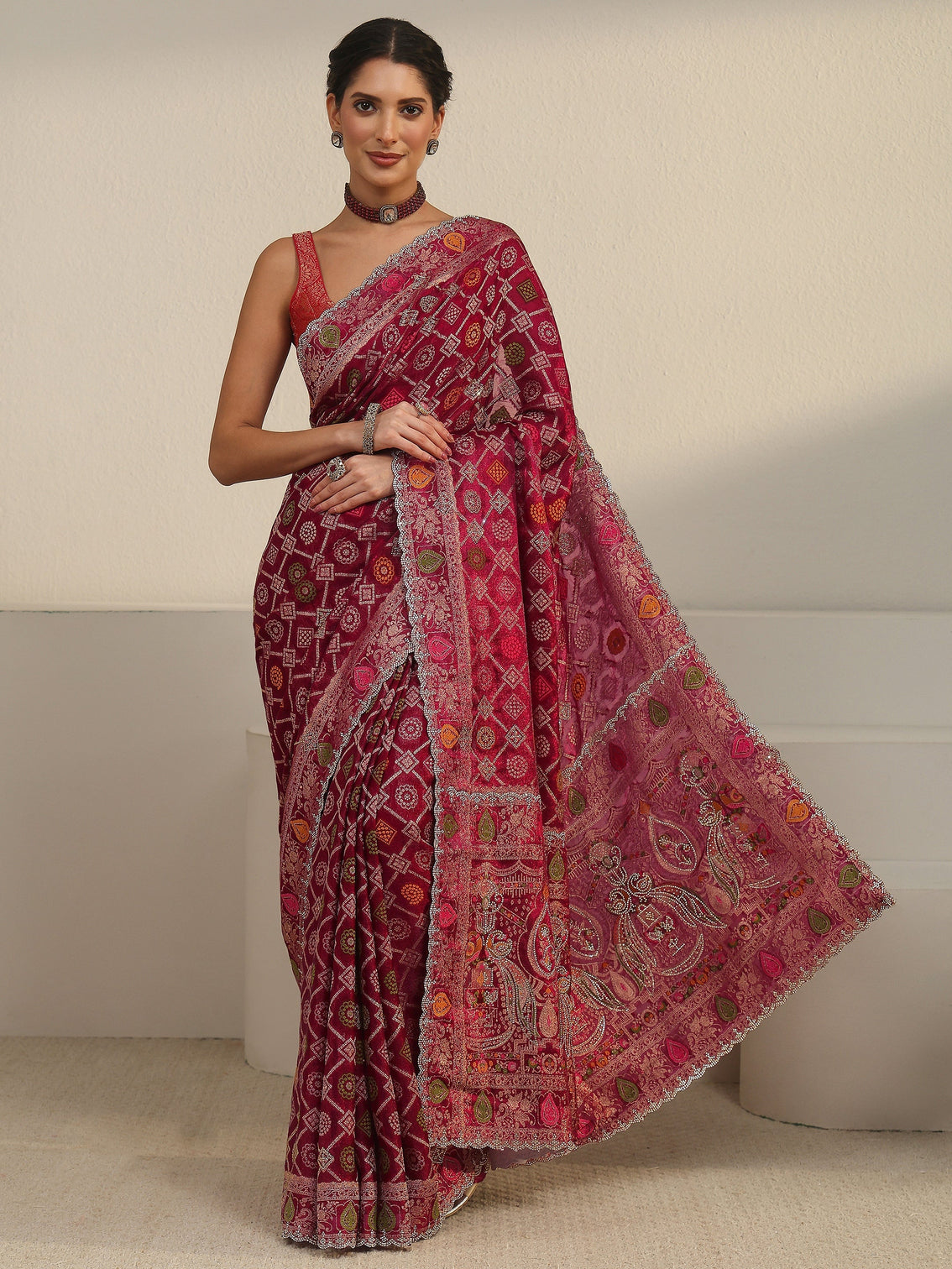 Mameraa Art Wine Bandhani Embellished Chiffon Saree