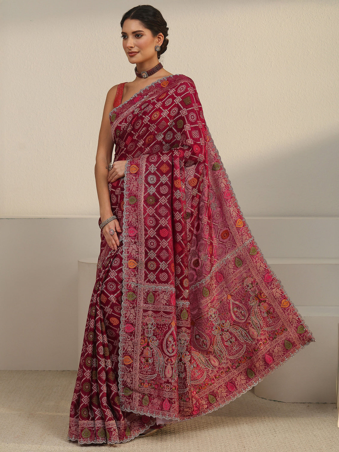 Mameraa Art Wine Bandhani Embellished Chiffon Saree