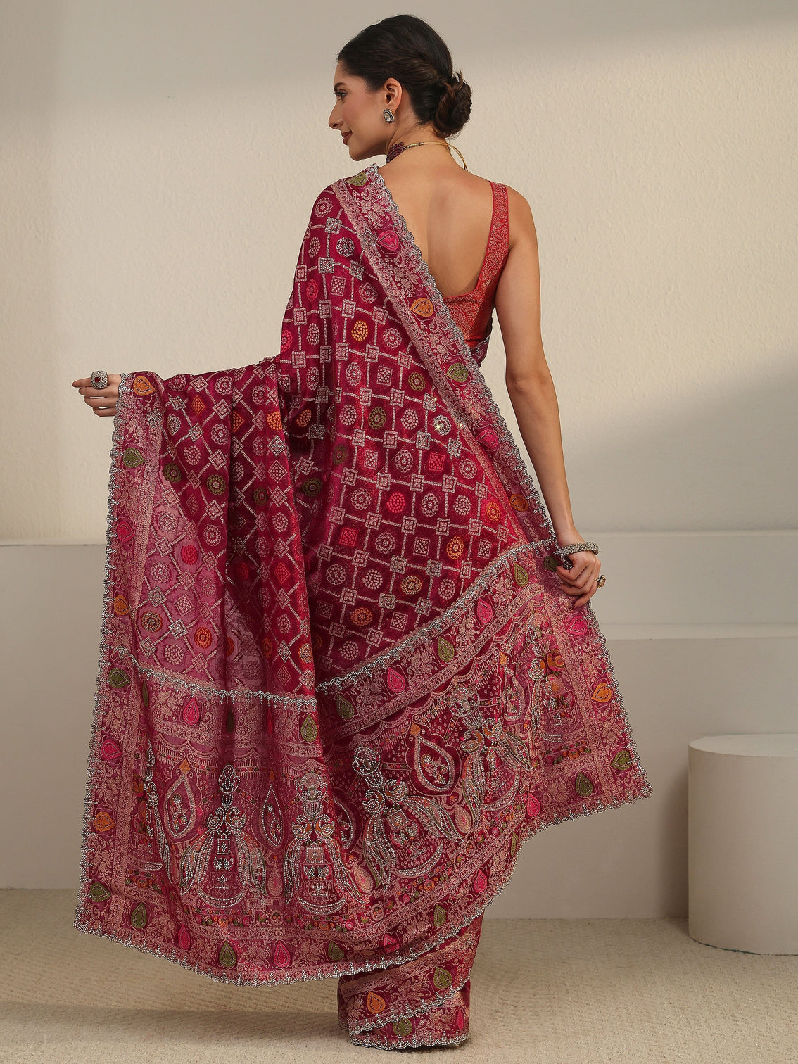 Mameraa Art Wine Bandhani Embellished Chiffon Saree