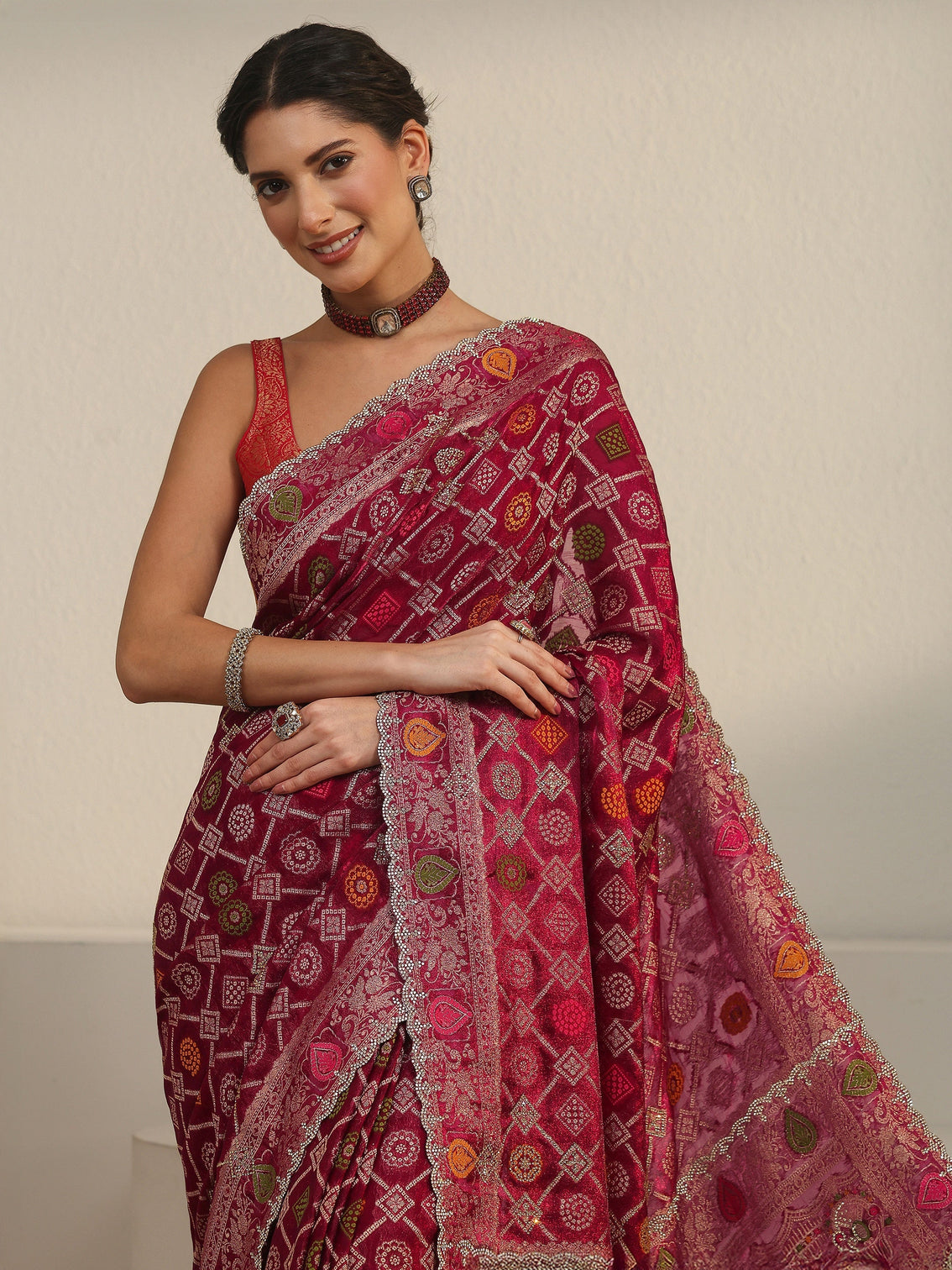 Mameraa Art Wine Bandhani Embellished Chiffon Saree