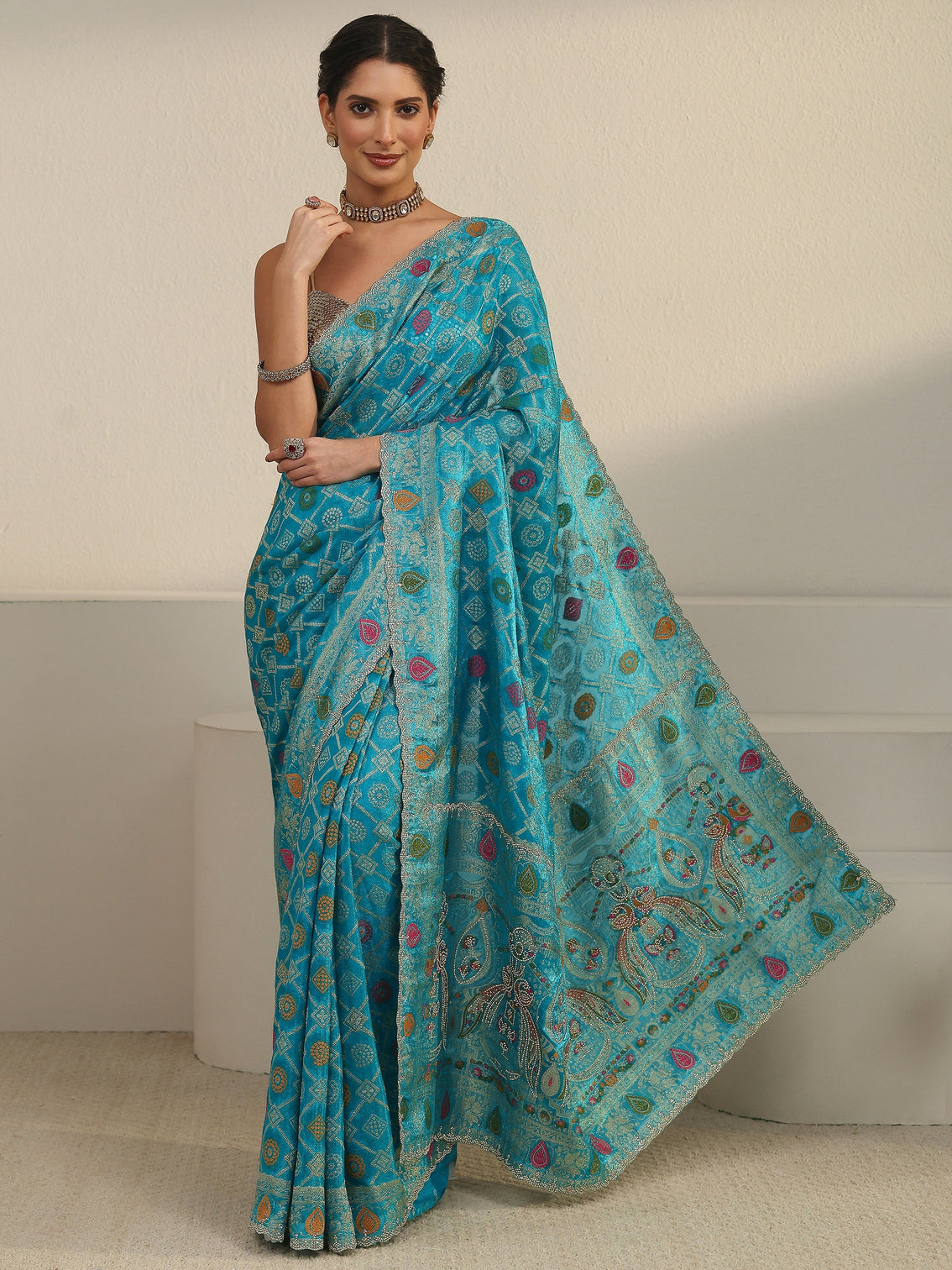 Mameraa Art Teal Blue Bandhani Embellished Chiffon Saree