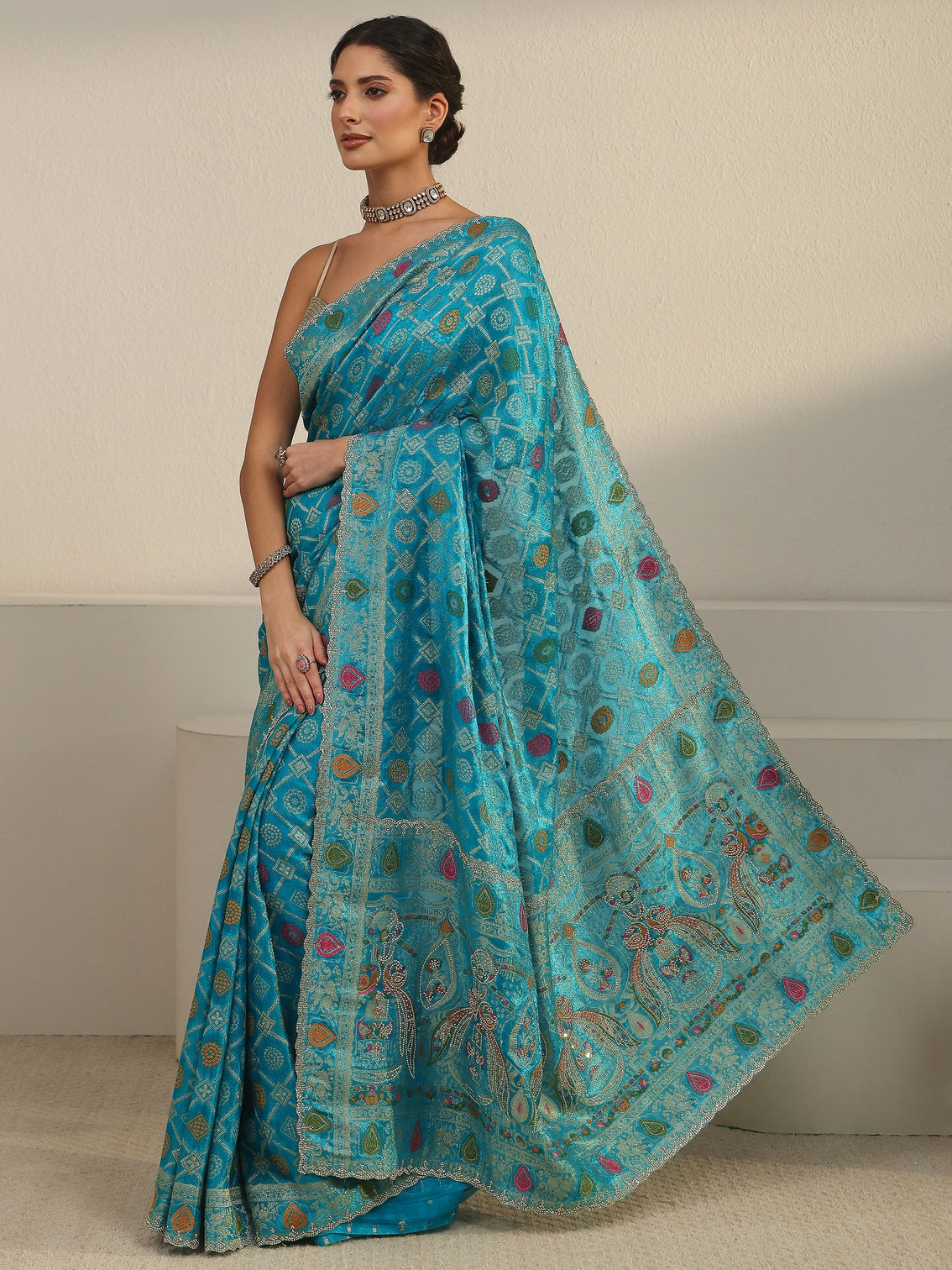 Mameraa Art Teal Blue Bandhani Embellished Chiffon Saree