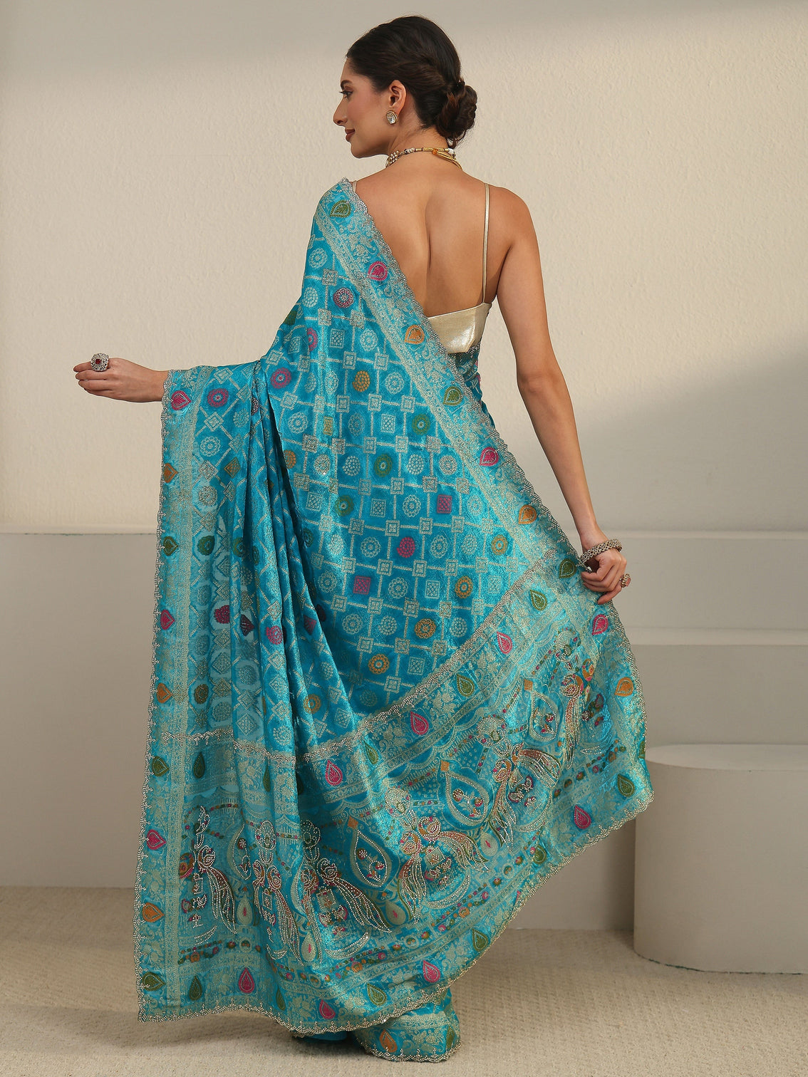 Mameraa Art Teal Blue Bandhani Embellished Chiffon Saree
