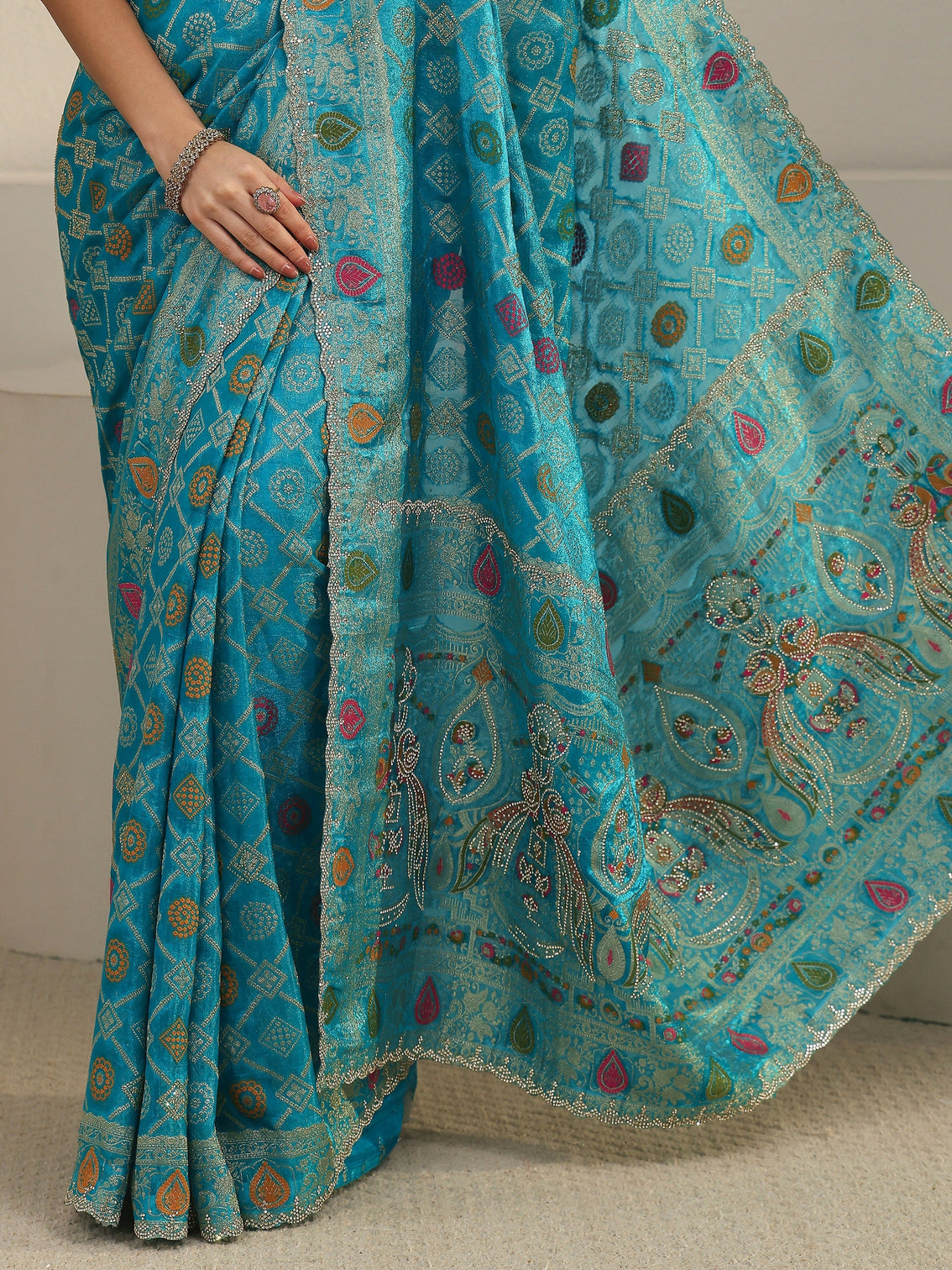 Mameraa Art Teal Blue Bandhani Embellished Chiffon Saree