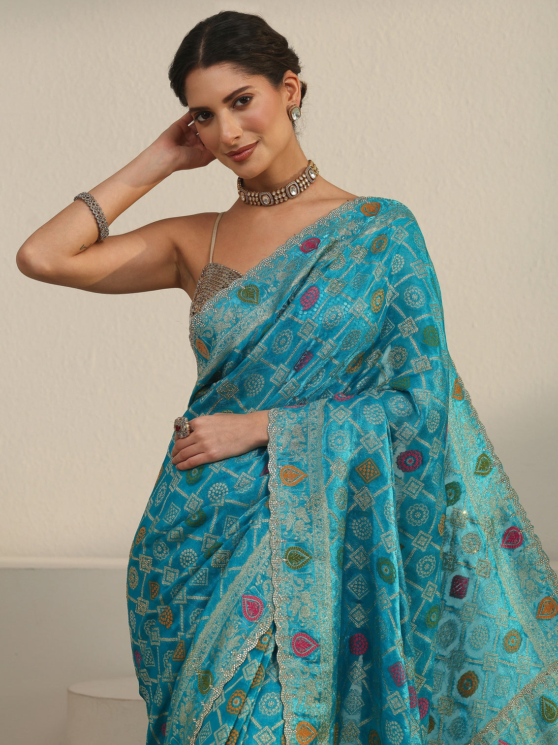 Mameraa Art Teal Blue Bandhani Embellished Chiffon Saree