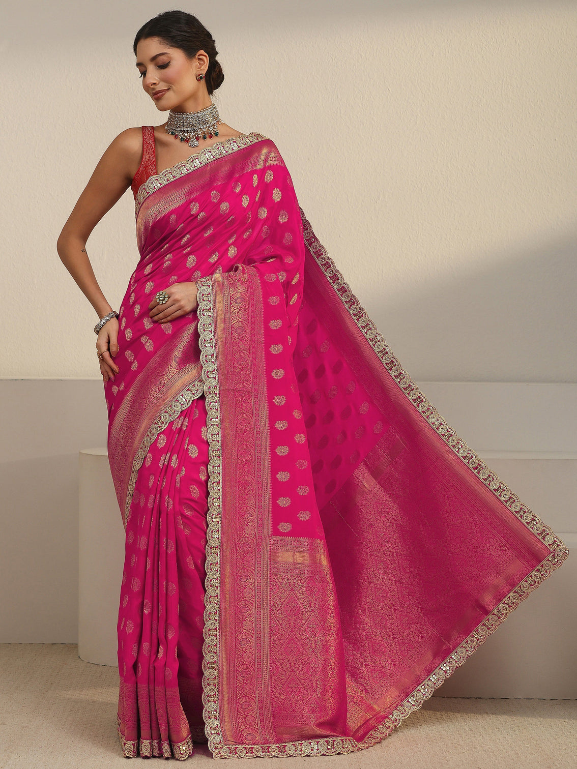 Mameraa Art Fuchsia Pink Woven Design Silk Blend Saree