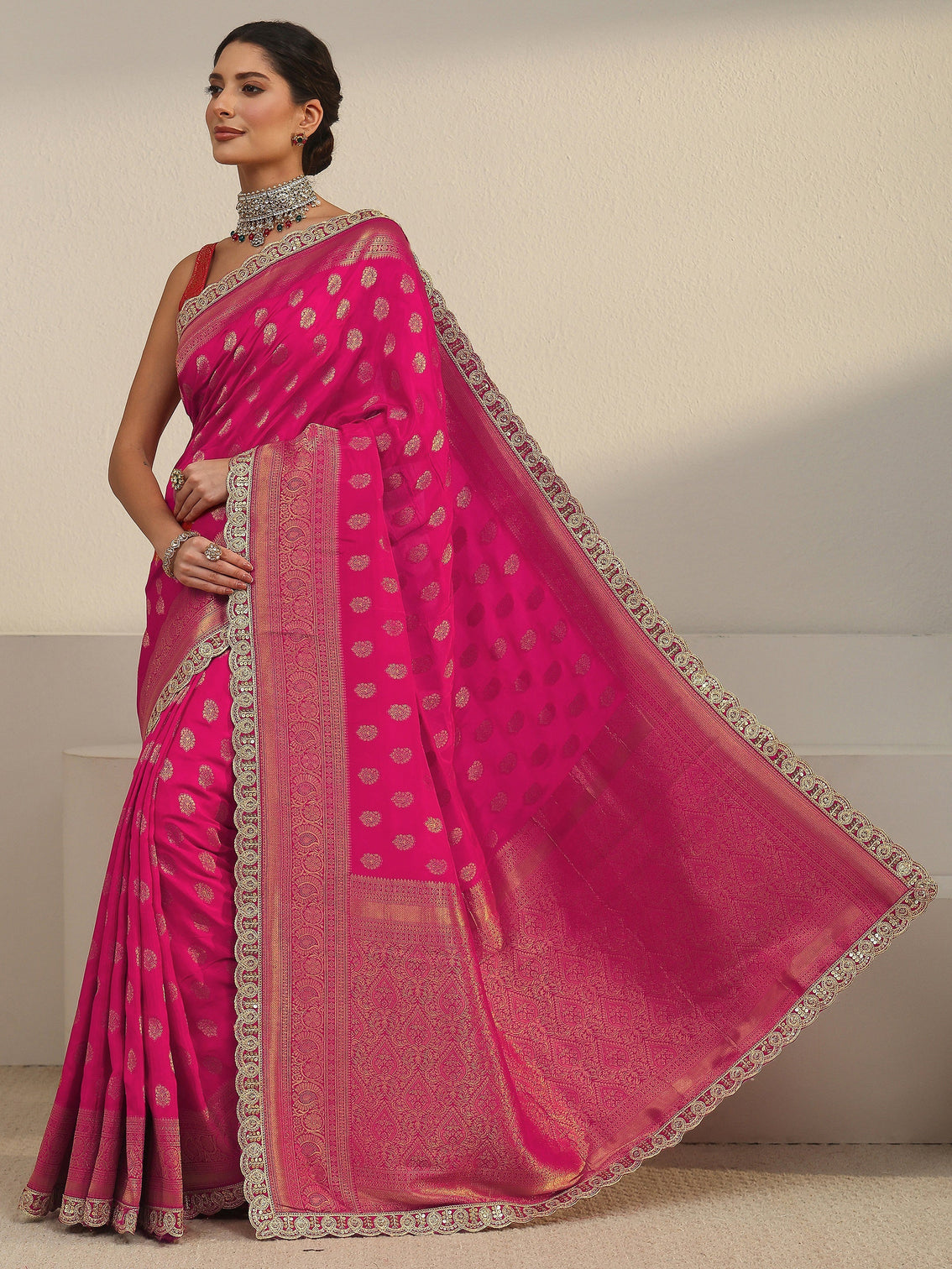 Mameraa Art Fuchsia Pink Woven Design Silk Blend Saree