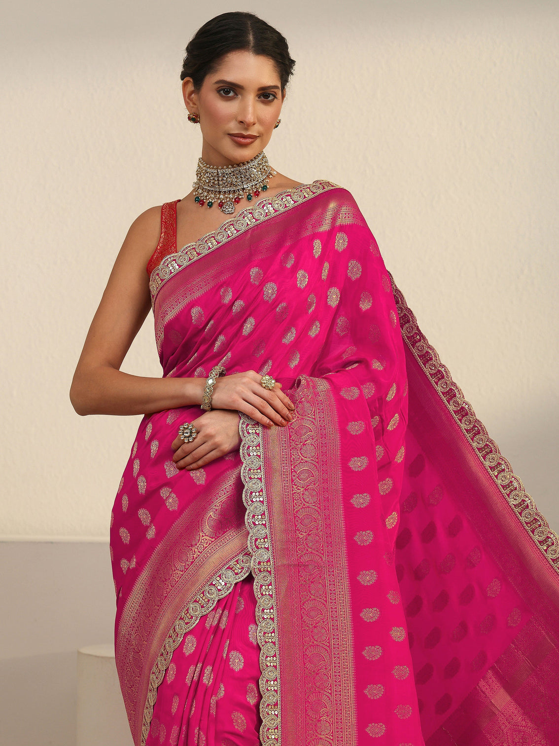 Mameraa Art Fuchsia Pink Woven Design Silk Blend Saree