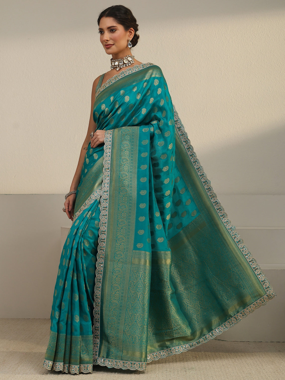 Mameraa Art Sea Green Woven Design Silk Blend Saree