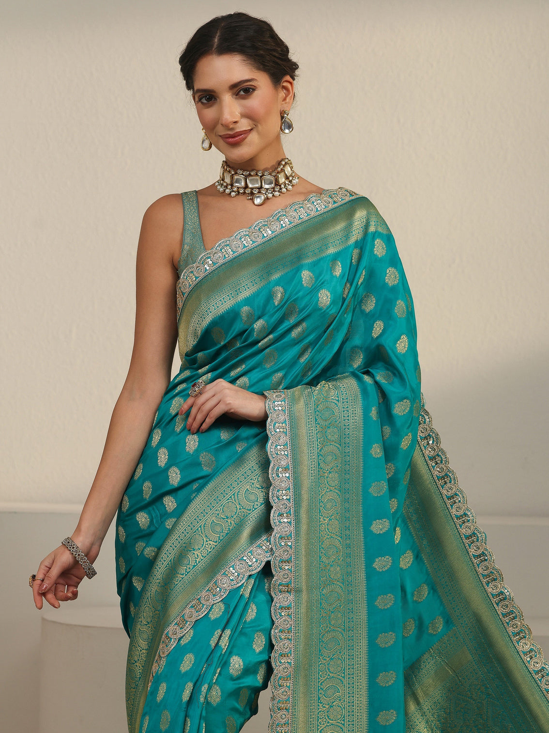 Mameraa Art Sea Green Woven Design Silk Blend Saree