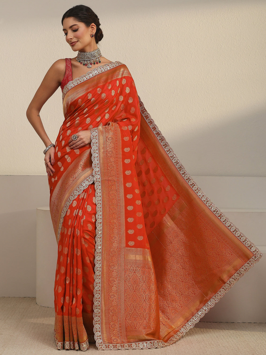 Mameraa Art Orange Woven Design Silk Blend Saree