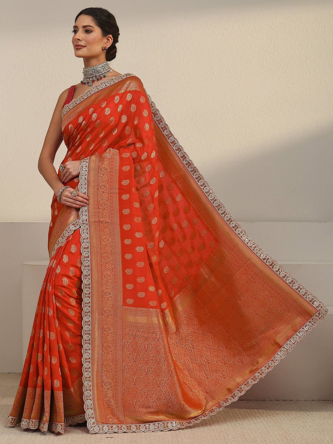 Mameraa Art Orange Woven Design Silk Blend Saree