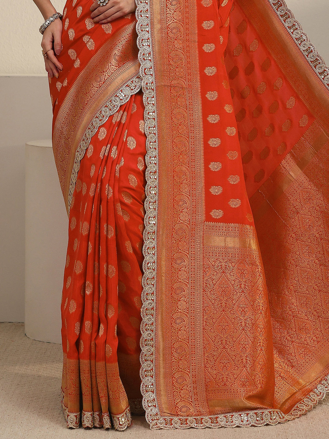 Mameraa Art Orange Woven Design Silk Blend Saree