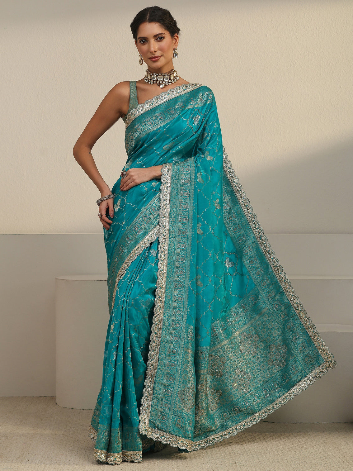 Mameraa Art Turquoise Blue Woven Design Silk Blend Saree