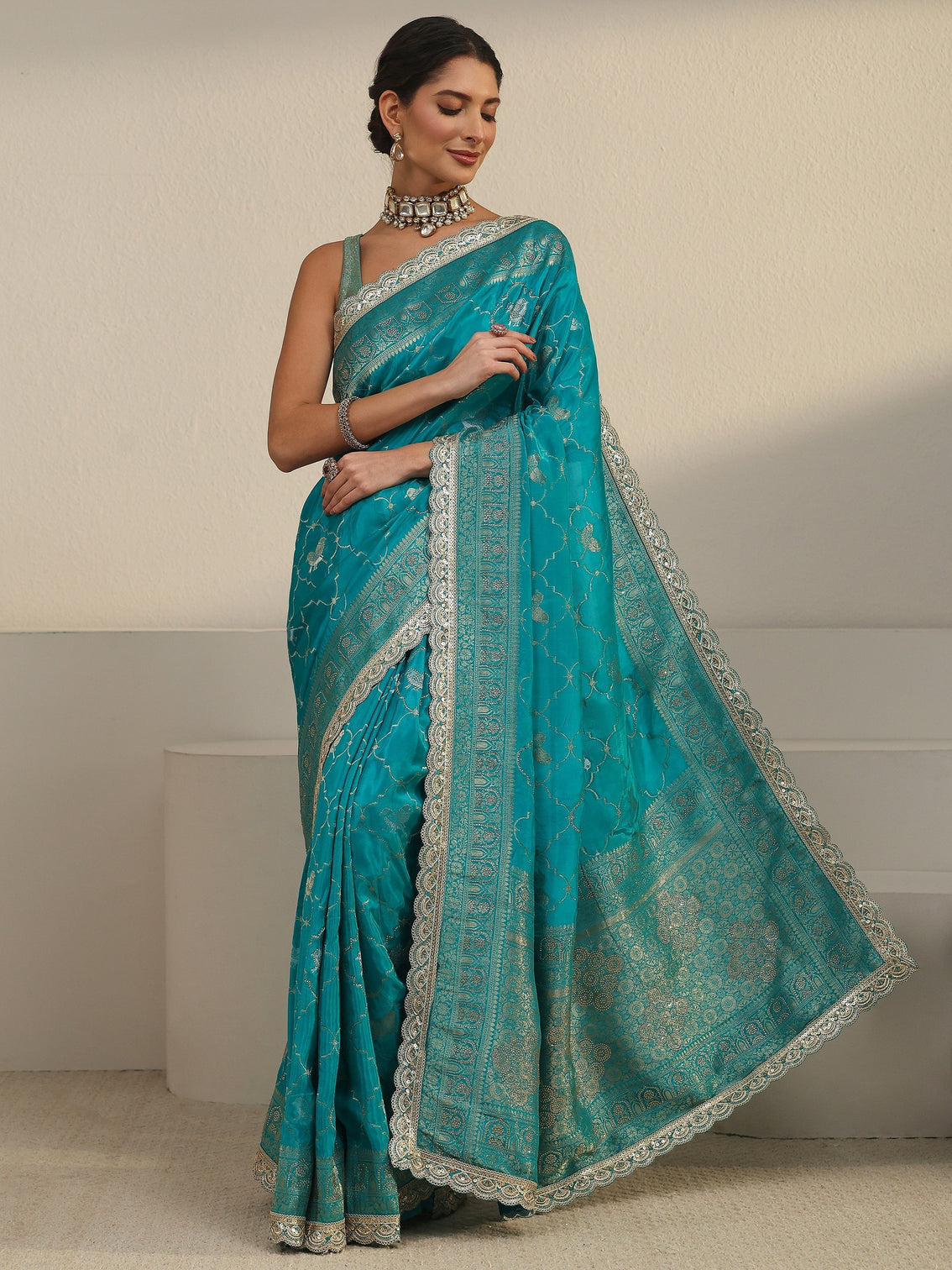 Mameraa Art Turquoise Blue Woven Design Silk Blend Saree