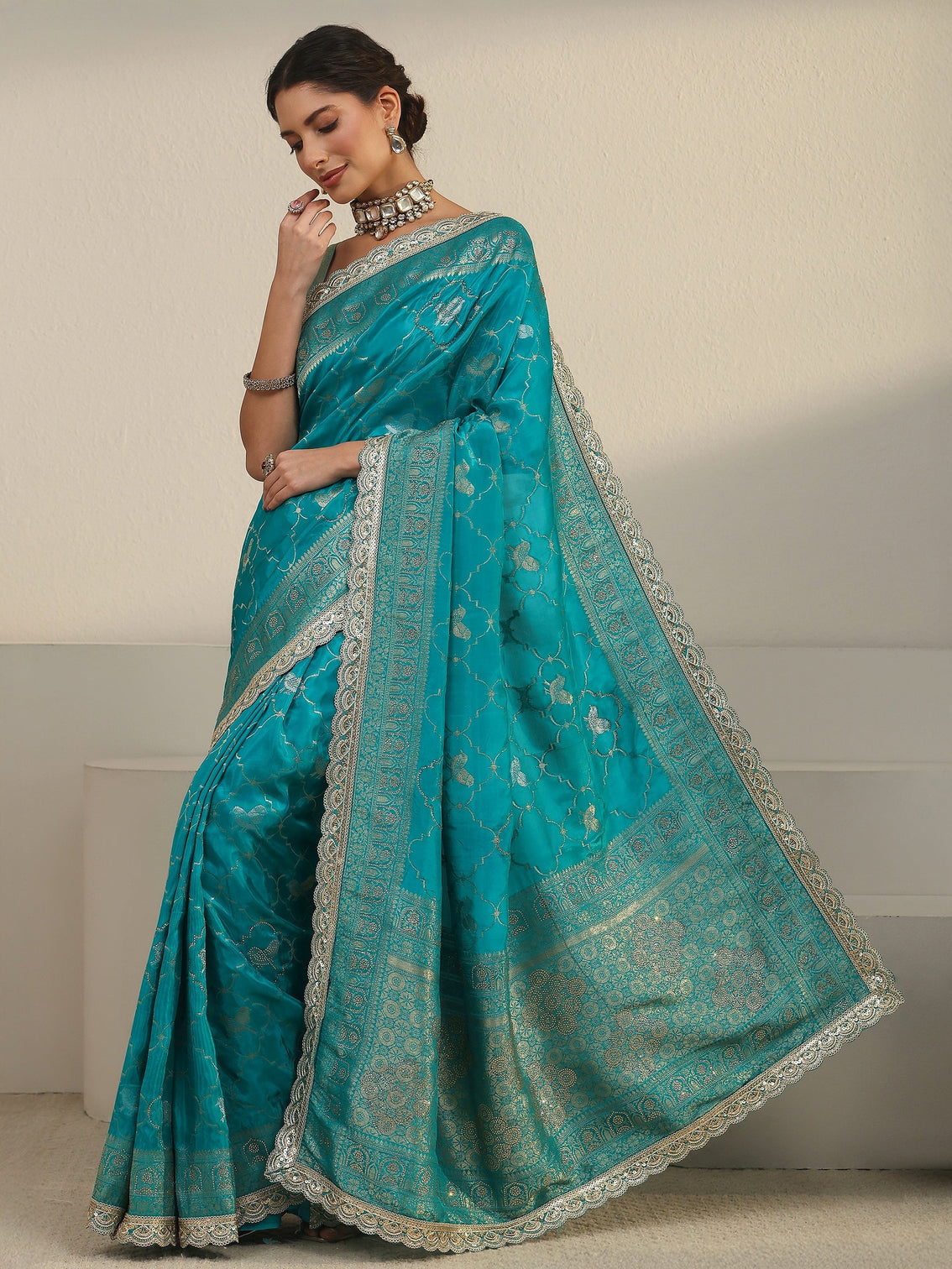 Mameraa Art Turquoise Blue Woven Design Silk Blend Saree